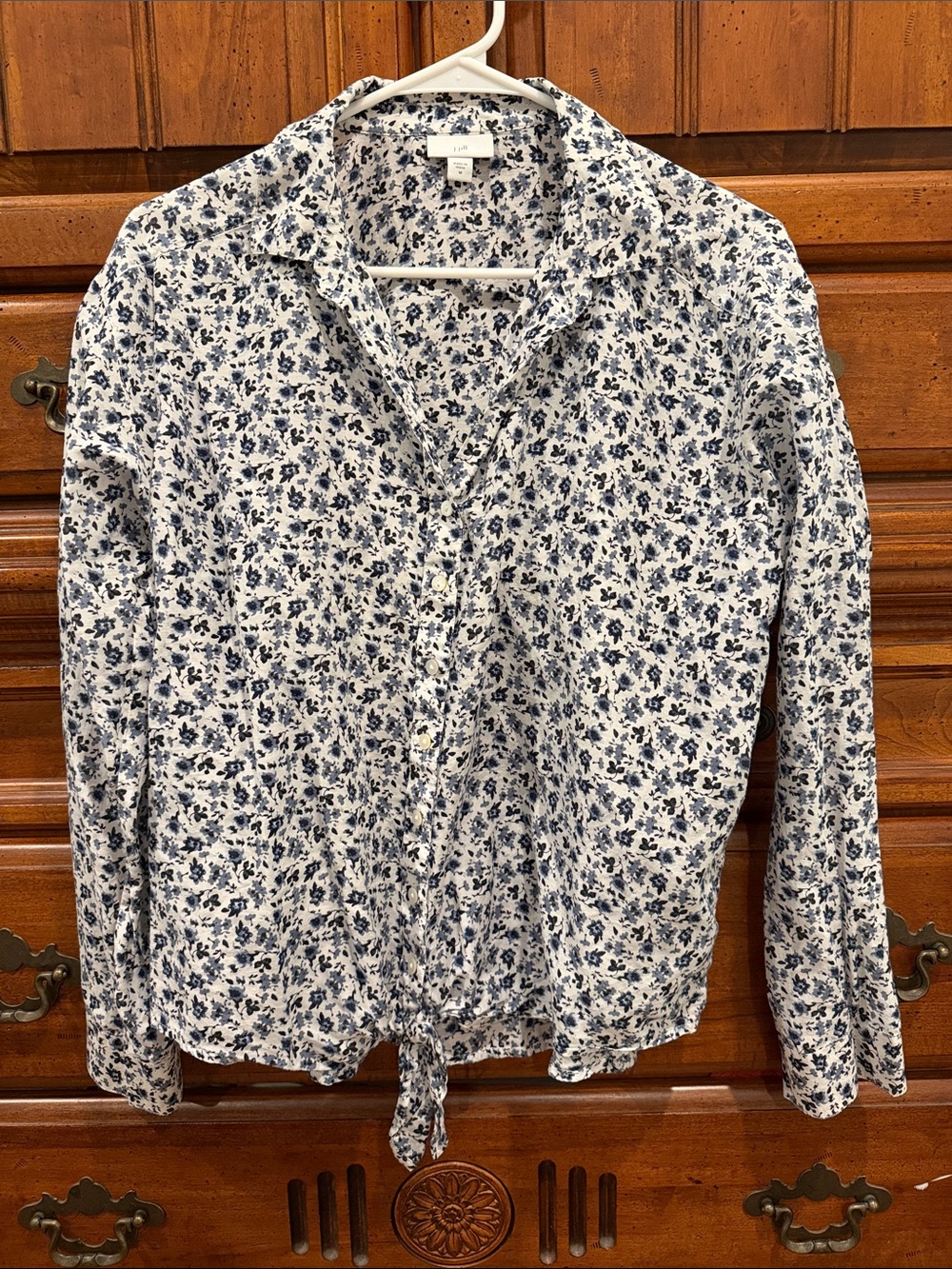 J. Jill White & Navy Floral Button-Up Shirt with front tie